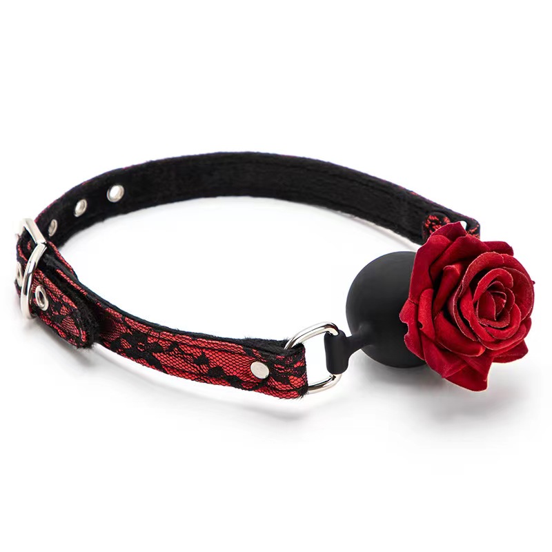 Doluv DL-159 red rose gag and lace collar used for visual couple long distance sex toys.