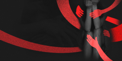 person seated and afraid covered by red rands as if being touched