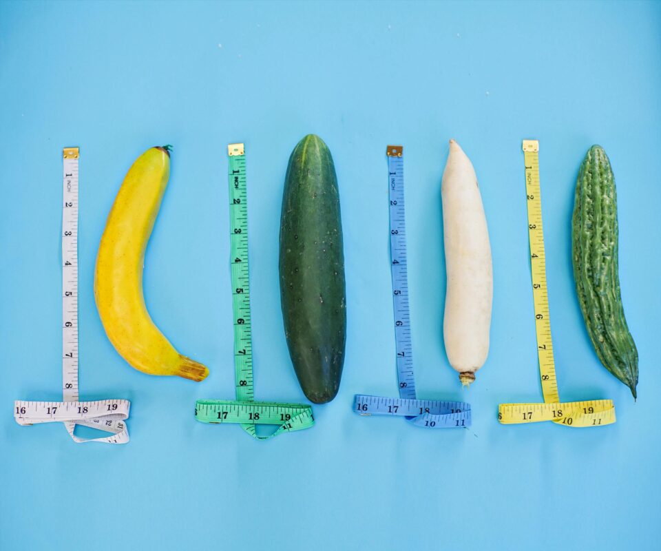 fruits and vegetables measured by a measuring tape