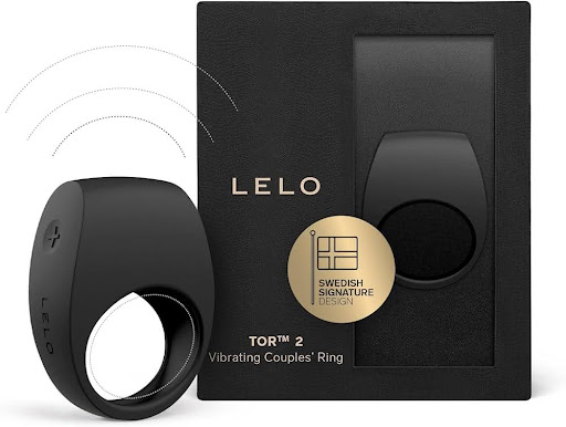 Lelo Tor 2 vibrating couples’ ring in sleek black packaging, designed for shared pleasure.