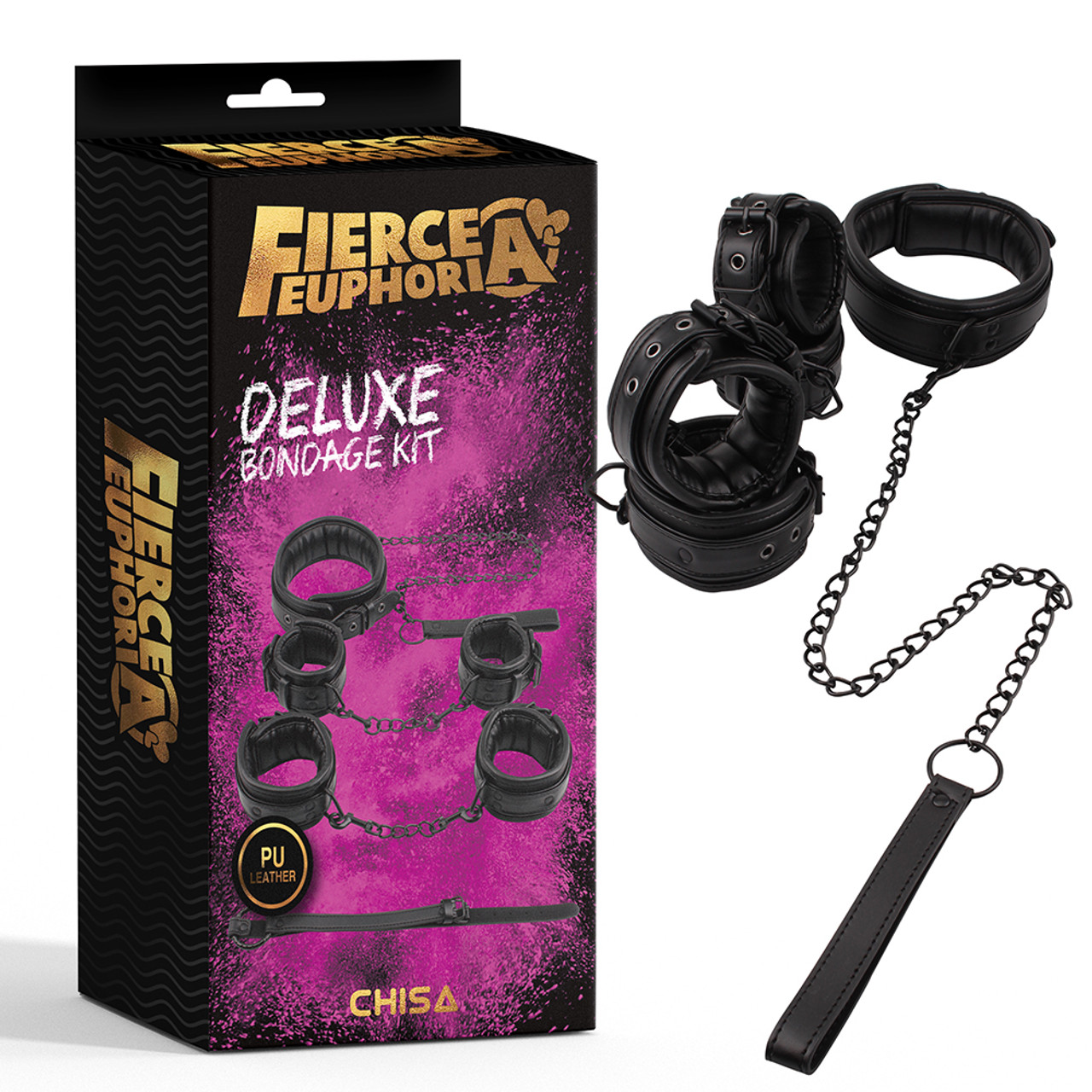 Box and contents of a black PU leather bondage kit, showing the various kinds of sex toys for gay couples including cuffs and chains.