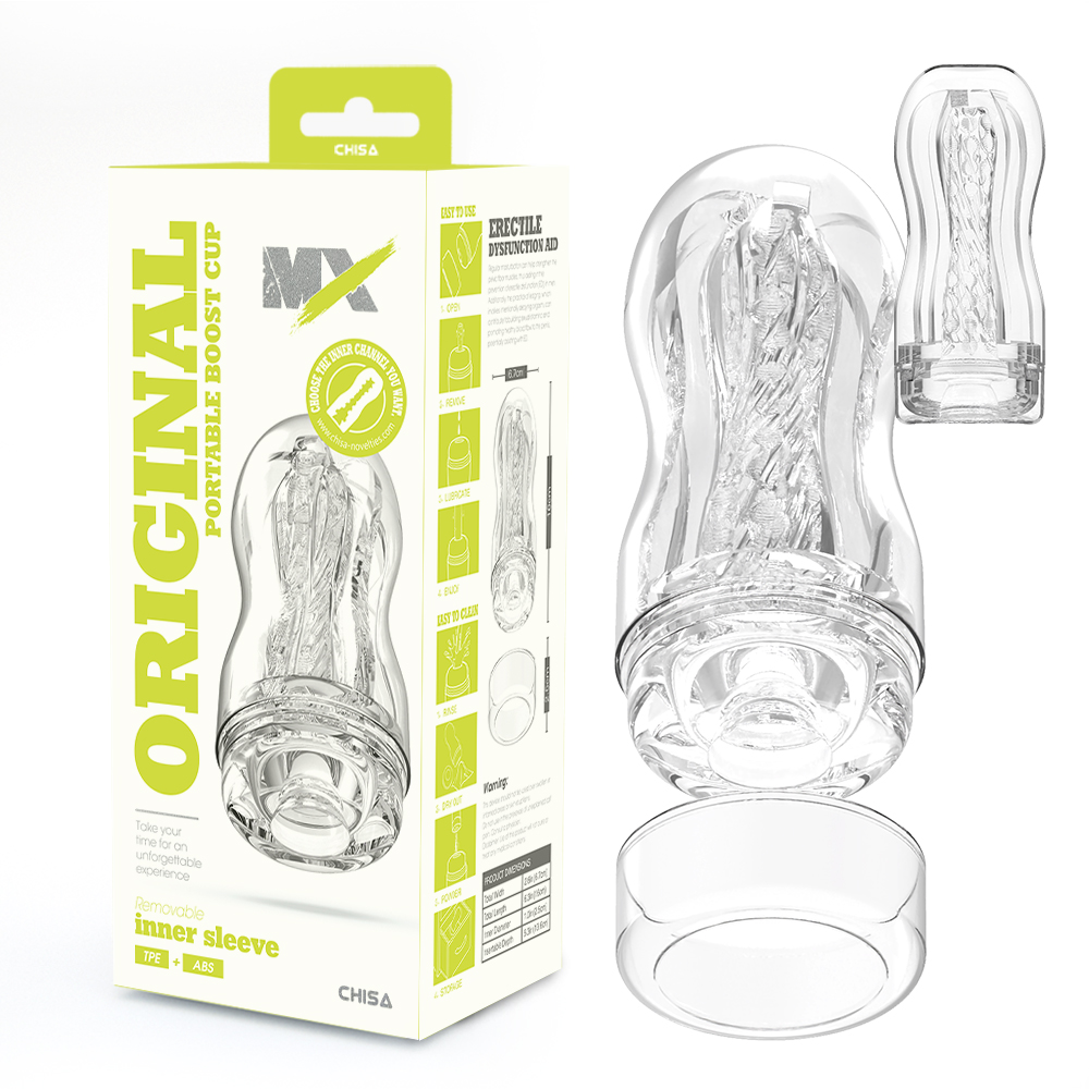 The Chisa Original Portable Boost Cup and its packaging, a clear male masturbator sleeve choice among popular sex toys for gay men.