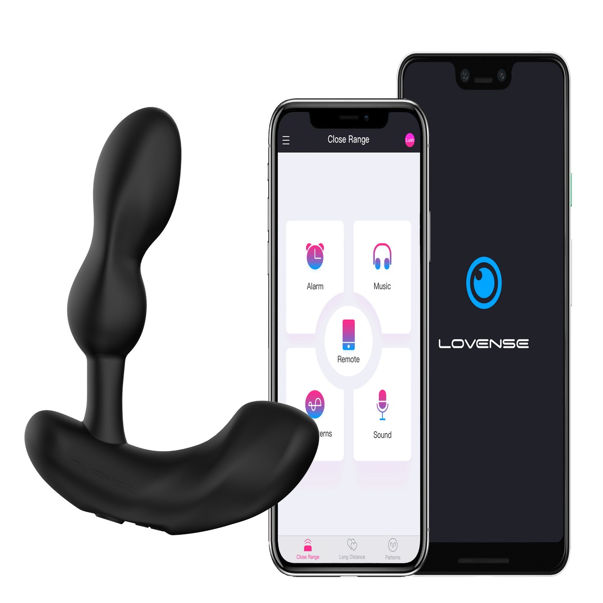 The black Lovense Edge 2 adjustable prostate massager next to smartphones displaying its remote app, ideal tech sex toys for gay men.