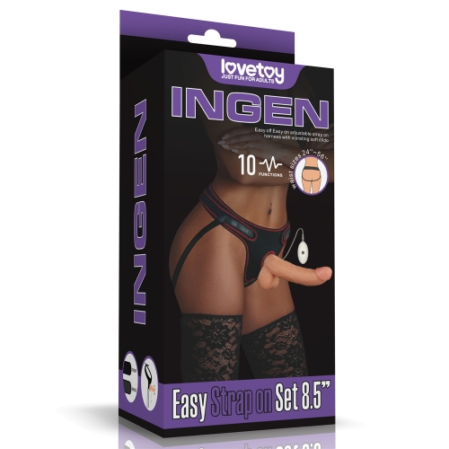 Box packaging for a Lovetoy 8.5-inch vibrating strap-on harness set from a selection of adult sex toys in the Philippines.