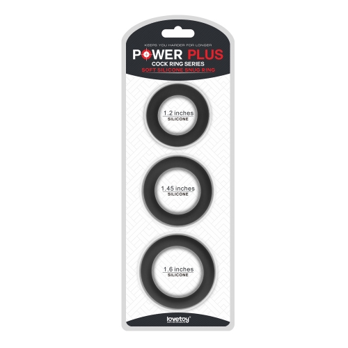 A three-pack of black Lovetoy Power Plus soft silicone snug cock rings, ideal for stamina enhancement during gay sex with toys.