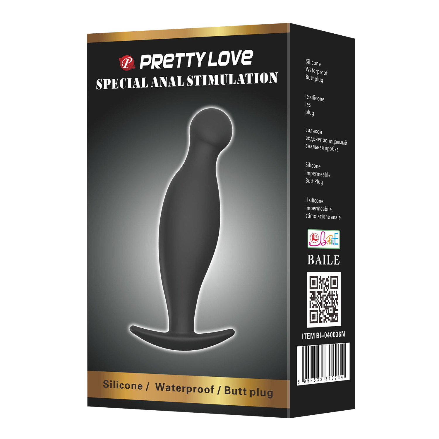 Packaging for Pretty Love adult toys in the Philippines, showcasing a black waterproof silicone double plug designed for gay men.