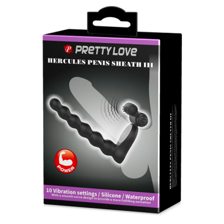 Box for the Pretty Love Hercules Penis Sheath III, featuring a ribbed black silicone design from a top line of adult toys philippines.