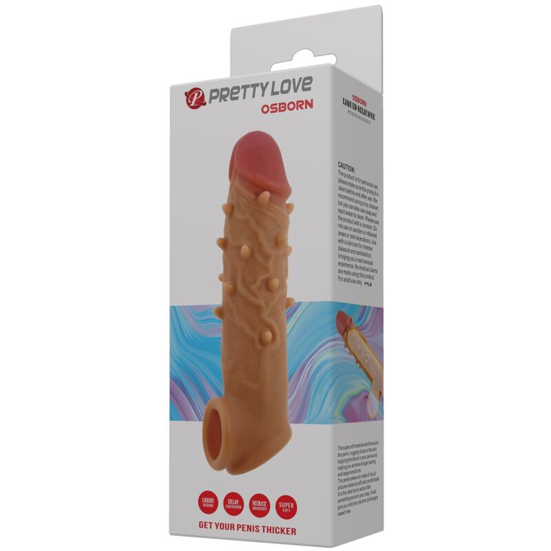 Packaging for the Pretty Love Osborn liquid silicone penis sleeve, designed to add thickness and enhance intimate toys gay sex play.