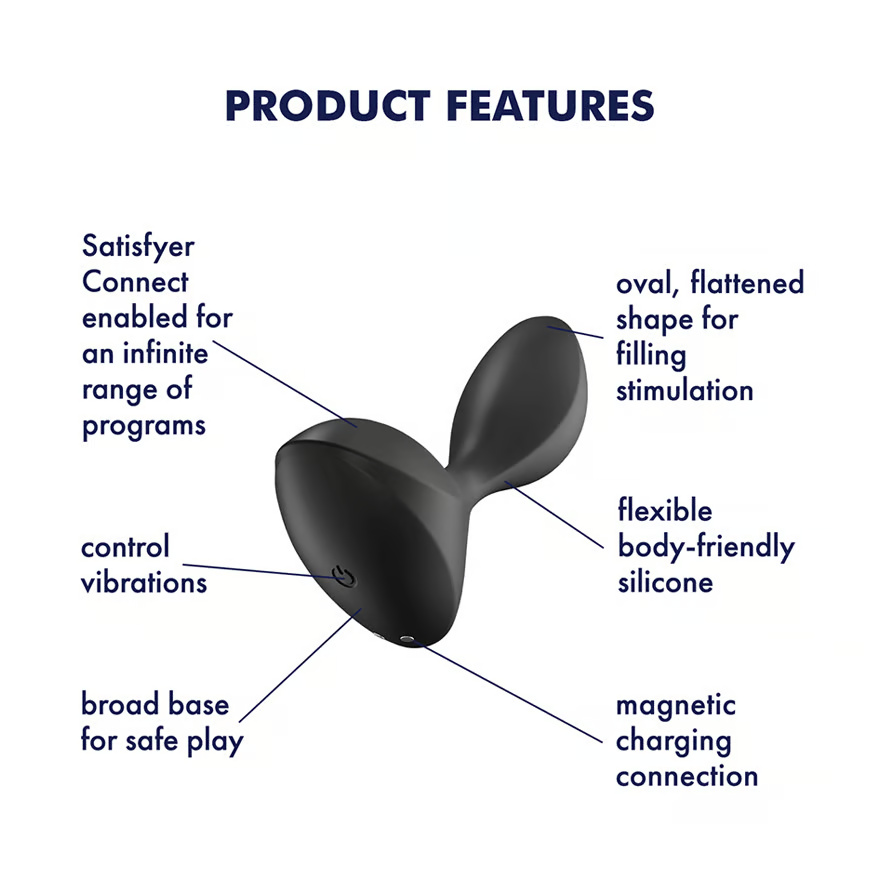 Product features of Satisfyer gay toys in the Philippines showing a black silicone plug with an oval shape, broad base, and app connectivity.