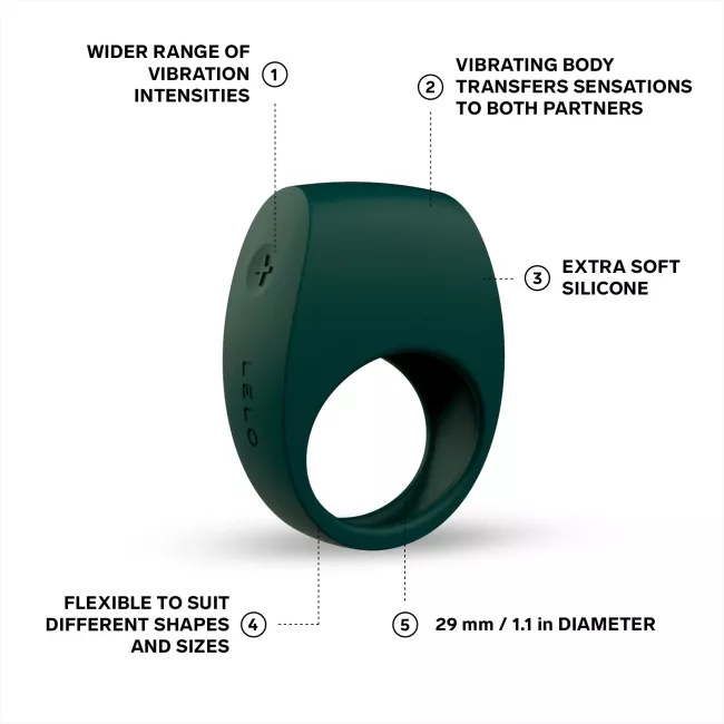 Lelo Tor 2 vibrating cock ring features diagram showing soft silicone, vibration intensities, and flexible fit — a popular male enhancement device in the Philippines.