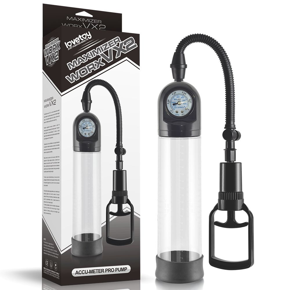 Lovetoy Maximizer Worx VX2 Accu-Meter penis pump with pressure gauge, a mechanical male enhancement device sold as an alternative to supplements.