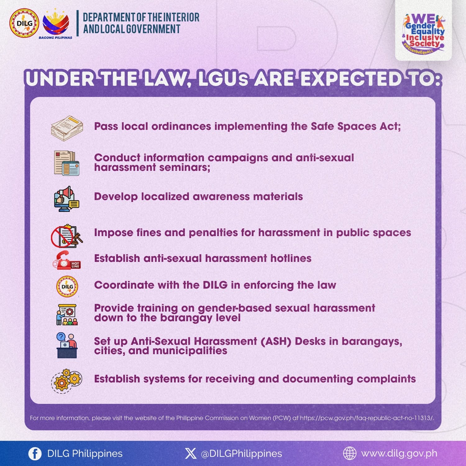 Official DILG infographic outlining the responsibilities of LGUs in implementing the Safe Spaces Act and the Bawal Bastos Law.